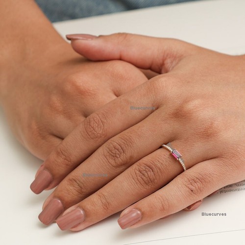 Emerald Cut Ruby & Natural Diamond Stack Band Ring Solid 14k Yellow Gold Ring - Picture 3 of 6