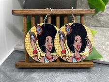 2  Silver-tone Earring Set Boho Retro Round Wood Dangle Juneteenth African A1819