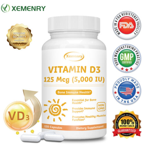 Vitamin D3 Capsules 125mcg (5000IU) - Bones, Teeth, Muscle and Immune Support - Picture 1 of 11