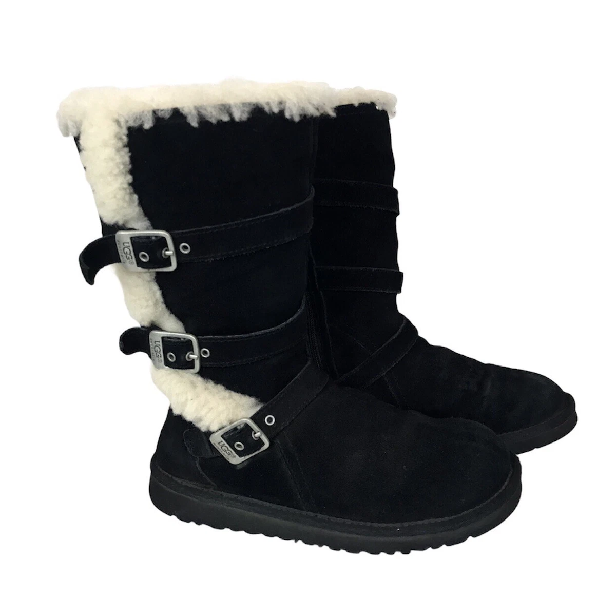 UGG AUSTRALIA SHEEPSKIN 3 BUCKLE SIDE ZIP BLACK BOOTS F3012D RARE US 5