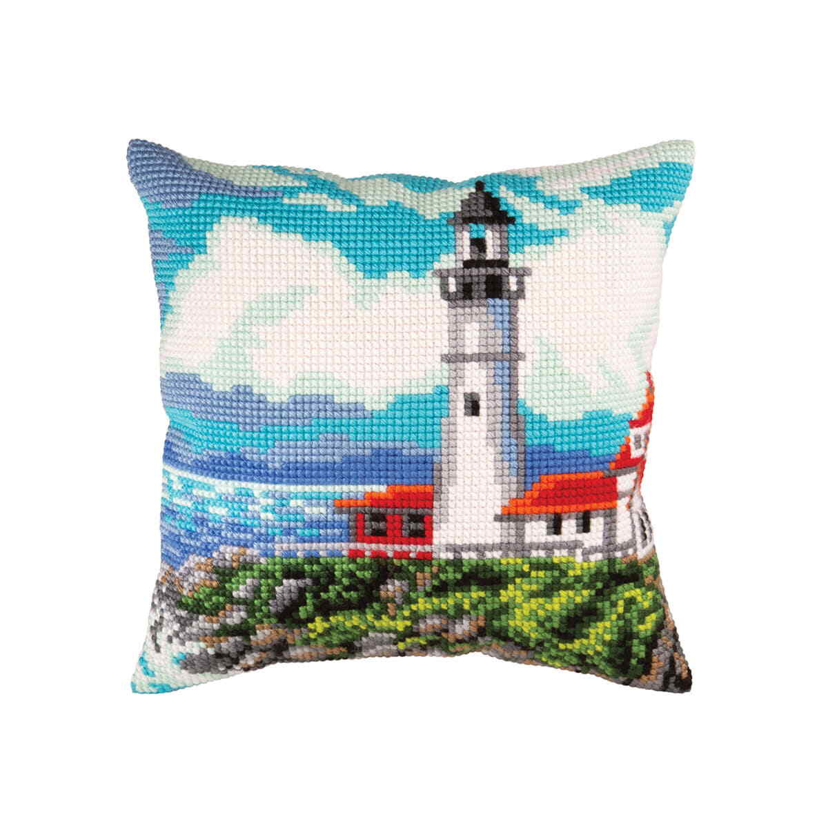 CDA stamped cross stitch kit cushion ""Lighthouse on the shore the bay"", 40x40cm,