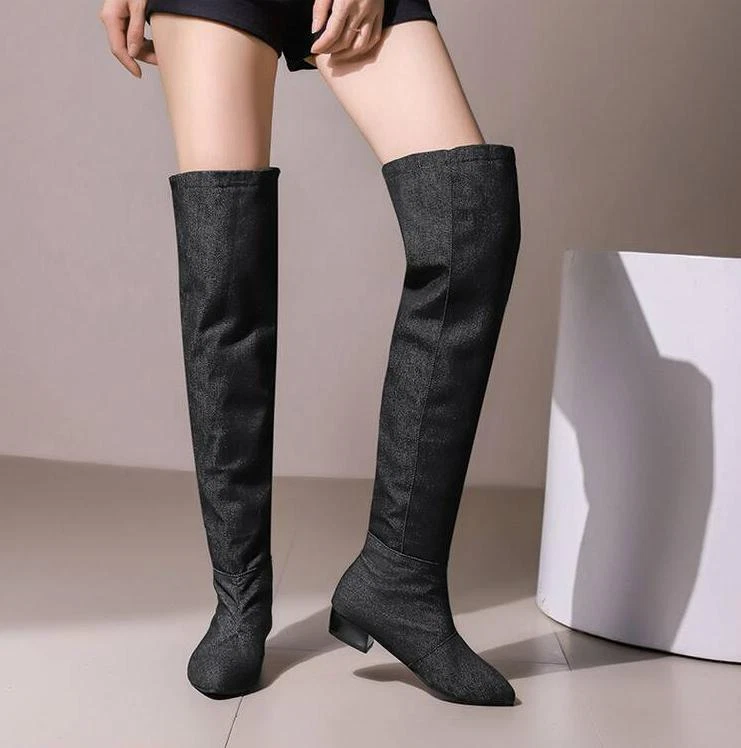 Mujeres Punta Punta Tacón Bajo Botas Hasta la Rodilla Dama Denim Caballero Zapatos de Montar Foto 2 de 4