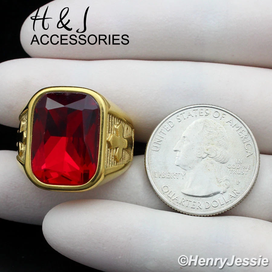 MEN Stainless Steel Simulated Rectangle Ruby Cross Gold Plated