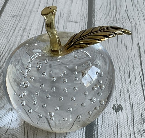 Vintage Apple Bubble Glass And Brass Paper Weight Made In Taiwan