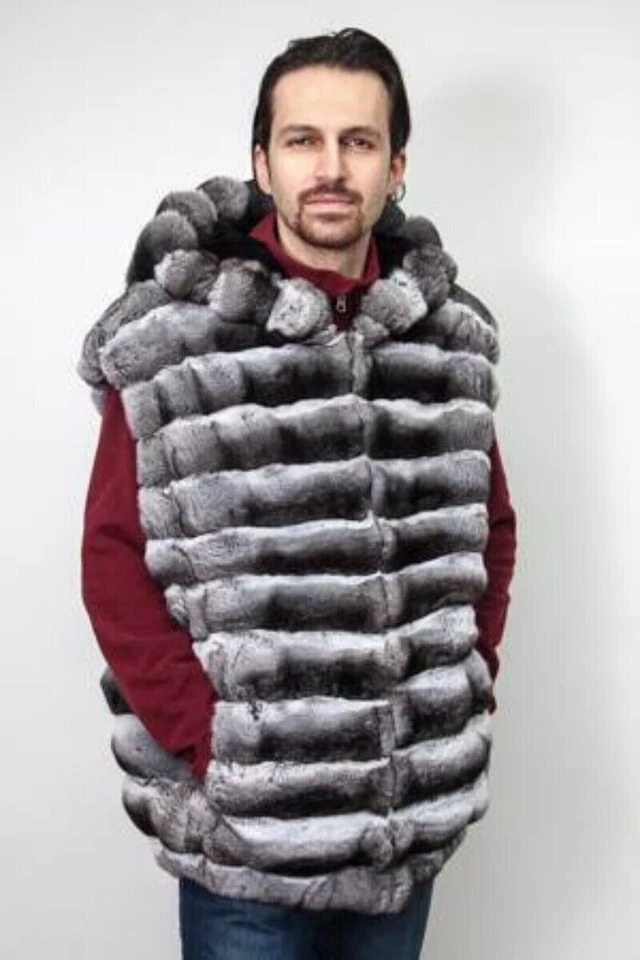Natural Men Real Rex Rabbit Fur Vest Chinchilla Hood Waistcoat Winter Warm Gilet - Image 3 of 4