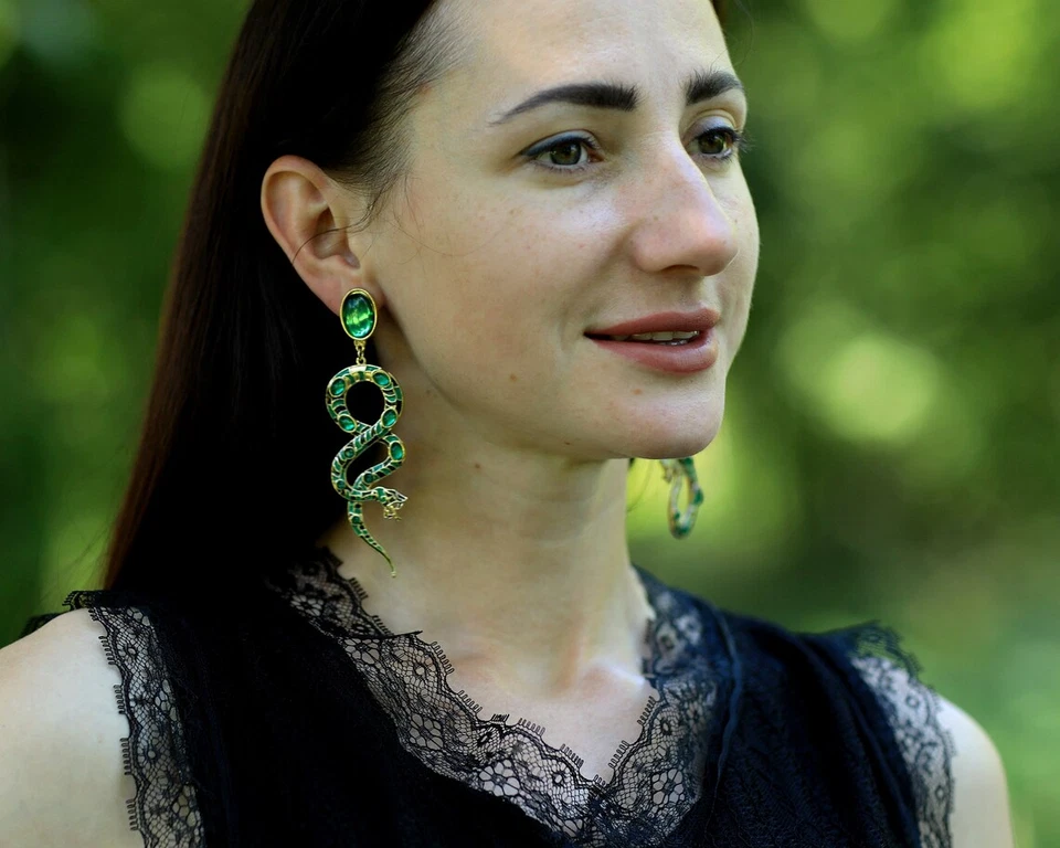 Ohrringe Clip Auf Golden Lang Schlange Grün Schwarz Vintage Stil QD1 - Bild 2 von 4