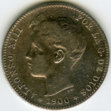 ☆ SPAIN • 1 PESETA 1900 SMV• ALFONSO XIII ☆ SILVER (.835) ☆ KM#706 Cal#59 ☆D0101
