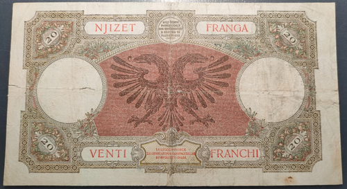 ALBANIA 20 FRANGA 1939 P7 LAVADO - Picture 2 of 2