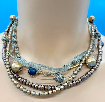 Chica s 6 Strand Multi-Media Necklace Solid Filigree Ribbon Beads Silver Copper