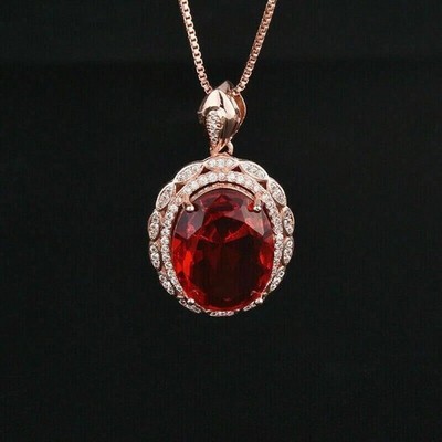 2.50Ct Oval Cut Red Ruby & Lab Created Diamond Halo Pendant 14k Rose Gold Finish