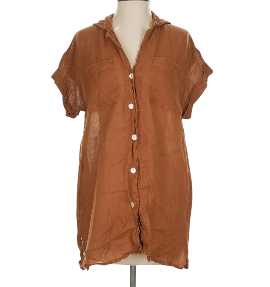 VITAMIN A Eco-Linen Top PLAYA POCKET BLOUSE Button-Up Shirt Beach RUSTY BROWN XS