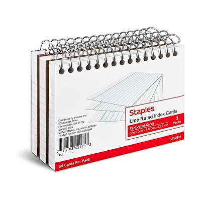 Staples 3'' x 5'' Line Ruled White Spiral-Bound Index Cards 3/Pack (50991) TR50991