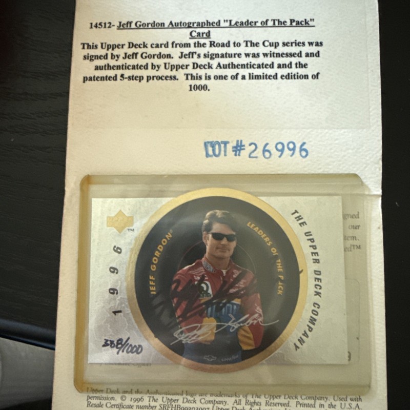 1996 Upper Deck Jeff Gordon  Autograph Black Ink Rare # 338/1000 Card