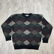 VTG 90S MENS ABSTRACT DIAMOND PATTERN GRANDPA SWEATER CHUNKY KNIT CREWNECK XL