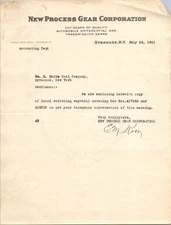 1921 New Process Gear Corporation Industrial Letter Syracuse NY Ephemera