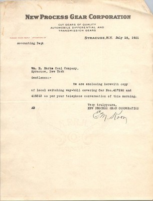 1921 New Process Gear Corporation Industrial Letter Syracuse NY Ephemera