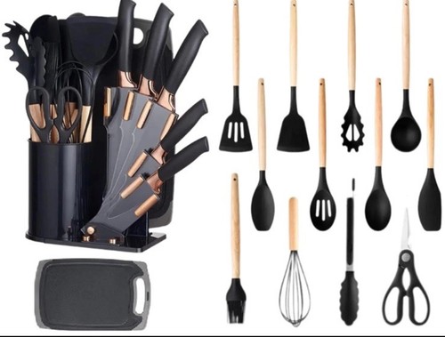 19 Pcs Silicone Kitchen Cooking Utensils Knife Set Cutting Board Sharp Scissors - Afbeelding 4 van 4