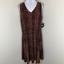 Anne Klein Shift Dress 14 Leopard Animal Print Jersey Knit V-Neck Brown Mini New