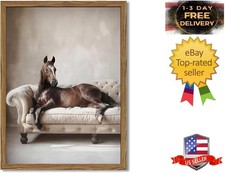 Framed Funny Horse Canvas Wall Art, Vintage Western Brown Horse On Sofa Pictures