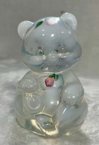 Fenton Glass Opal Hand Painted Teddy Bear Figurine Signed