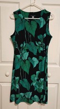 Tommy Hilfiger Dress Womens Size 10 Black Green Leaf Print Sleeveless Shift 
