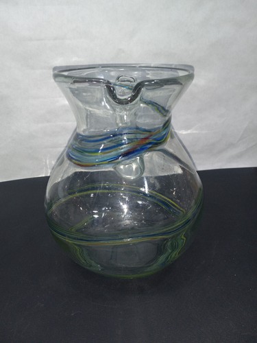 Hand Blown Margarita Pitcher Blue & Yellow Swirl Handmade Jug - 8" - Picture 5 of 8