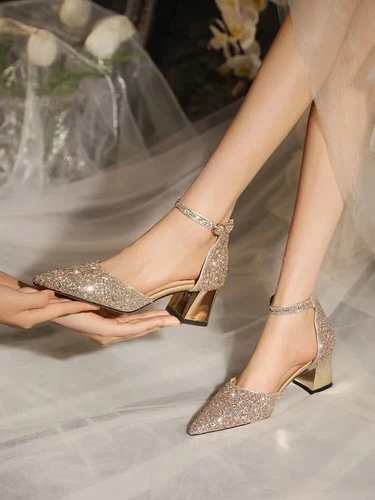 Women Sequins Thick High Heels Ankle Strap Luxury Pumps Wedding arty Shoes - Bild 14 von 17