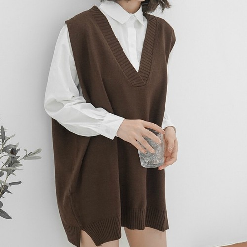 Women's V-neck Sweater Long Vest Knitted Jumper Waistcoat Tank Tops Solid Color - Picture 2 of 16
