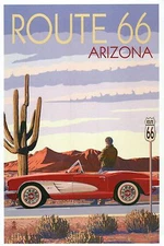 Route 66 Arizona, Corvette with Red Rocks, Cactus, Mother Road - Modern Postcard
