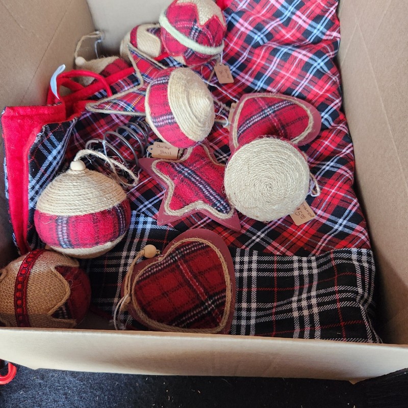 Christmas Plaid Tree Skirt And Lot Of Matching Ornaments