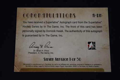 Dominik Hasek 2007-08 In the Game Superlative Autograph Signature Silver /50 - Picture 2 of 2