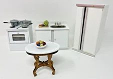 Vtg Doll House Furniture Lot Kitchen Fridge Stove Sink Table Wooden Food Taiwan