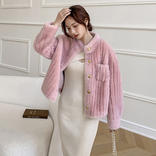 2022 Women's Winter Solid Stand Collar Single Breasted Striped Cropped Jacket - Picture 6 of 16