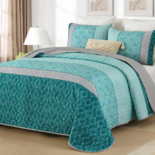 Boho Teal Quilt Set Queen, Soft Microfiber Bedspread with 2 Pillow Shams