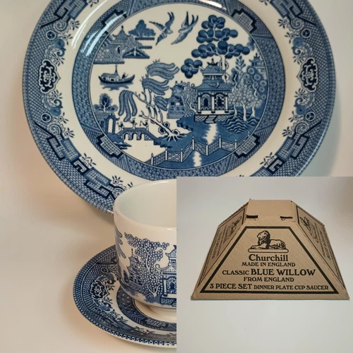 Churchill England Blue Willow 3 piece set in box
