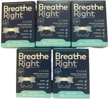 150 BREATHE RIGHT NASAL STRIPS, LARGE CLEAR FOR SENSITIVE SKIN (5 x 30 Ct Boxes)