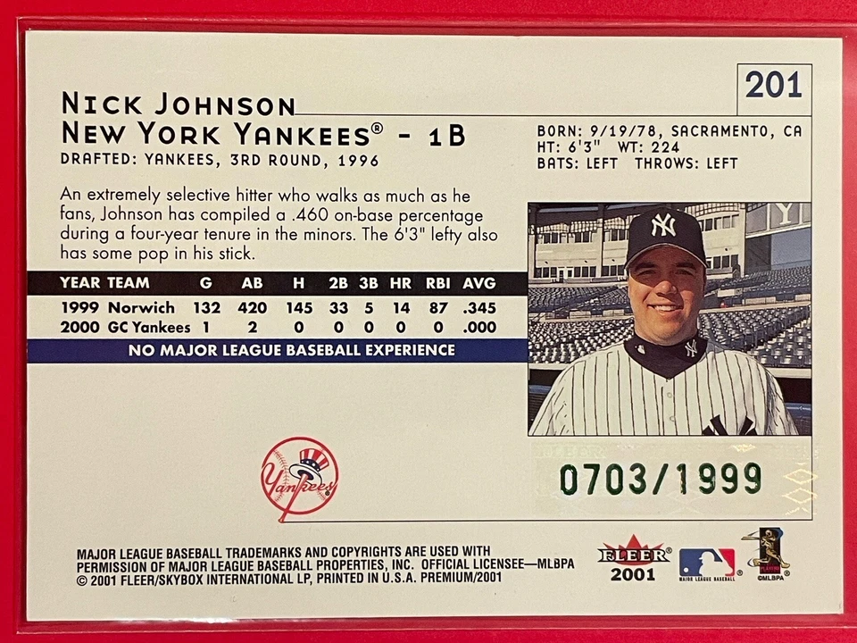 2001 Fleer Premium Nick Johnson /1999 #201 Baseball New York Yankees - Image 2 of 3