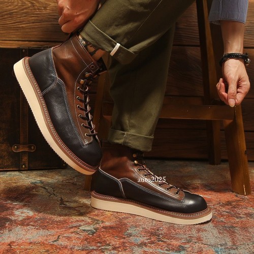Botines de cuero real para hombre ropa de trabajo punta redonda carga parte superior alta zapatos de tabla nuevos - Imagen 9 de 13
