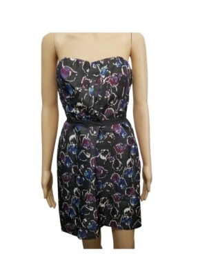 American Eagle AEO Strapless Dress Sz 6 Bronze Floral Print Pleated Waist Tie