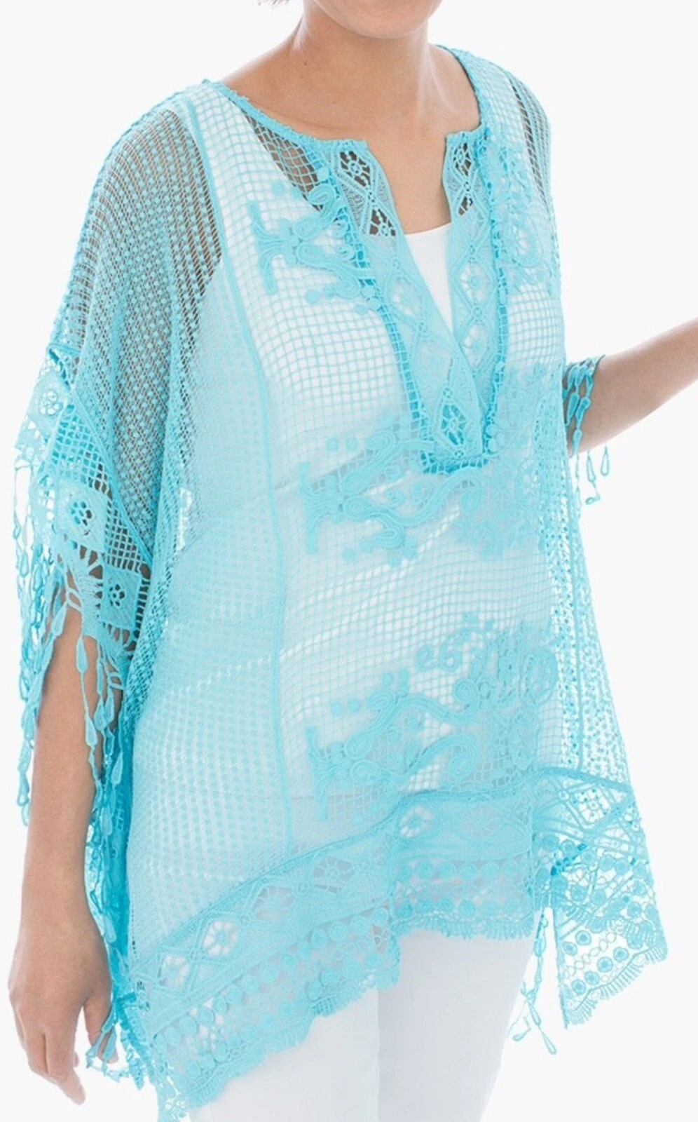 Chicos Dandy Lace Poncho Style Shirt Top Lace Fringe Split Neck OSFM Aqua Blue