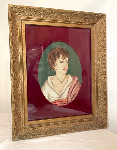 antique 1800's Victorian hand embroidered figural lady needlepoint portrait art