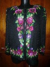 FAB Vtg 80s Runway GLAM Sequin Beads Hand Embroidery SILK Evening JACKET TOP L