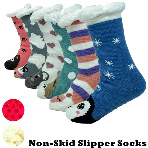 Womens Winter Sherpa Fleece Thermal Fuzzy Non-Skid Animal Home Slipper Socks LOT - Picture 2 of 7