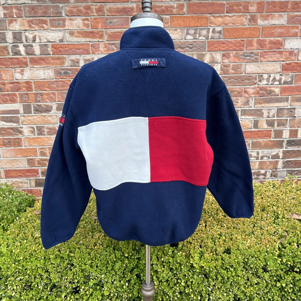 Chaqueta polar vintage años 90 Tommy Hilfiger azul rojo bloque de color cara para hombre L Foto 2 de 3