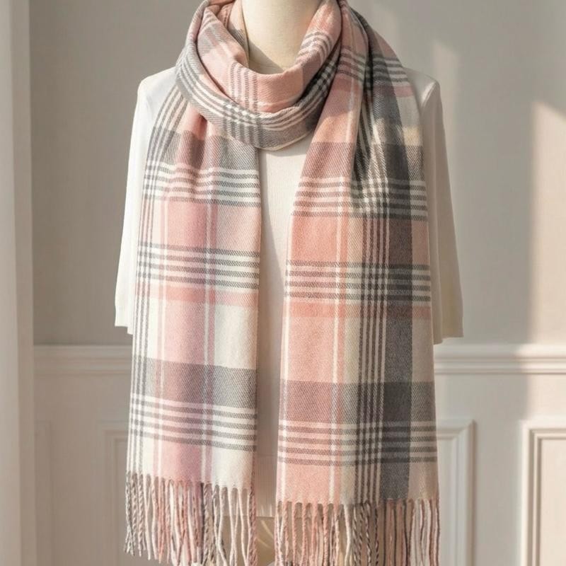Scarf Plaid Oversized Warm Winter Shawl Wrap Cozy Fringe Blush Beige Gray