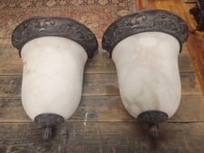 Vintage Art Nouveau Revival Wall Sconce Pair Marbled Glass Shade Bronze Finish