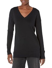 AMAZON ESSENTIALS WOMEN'S LIGHTWEIGHT LONG-SLEEVE V-NECK TUNIC SWEATER BLACK S