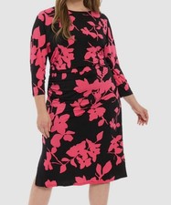 London Times Women's Black Printed Side-Ruched Round Neck Dress Plus Size 20W