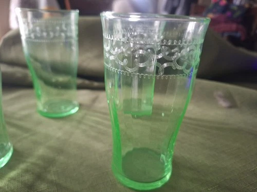 Set Of 5 Vintage Uranium Green Depression Glass Tumblers 4"  Etched)