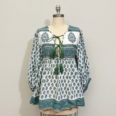 NAKED GENERATION Blouse Womens Sz L Floral Tasseled Balloon Sleeve Boho Hippie